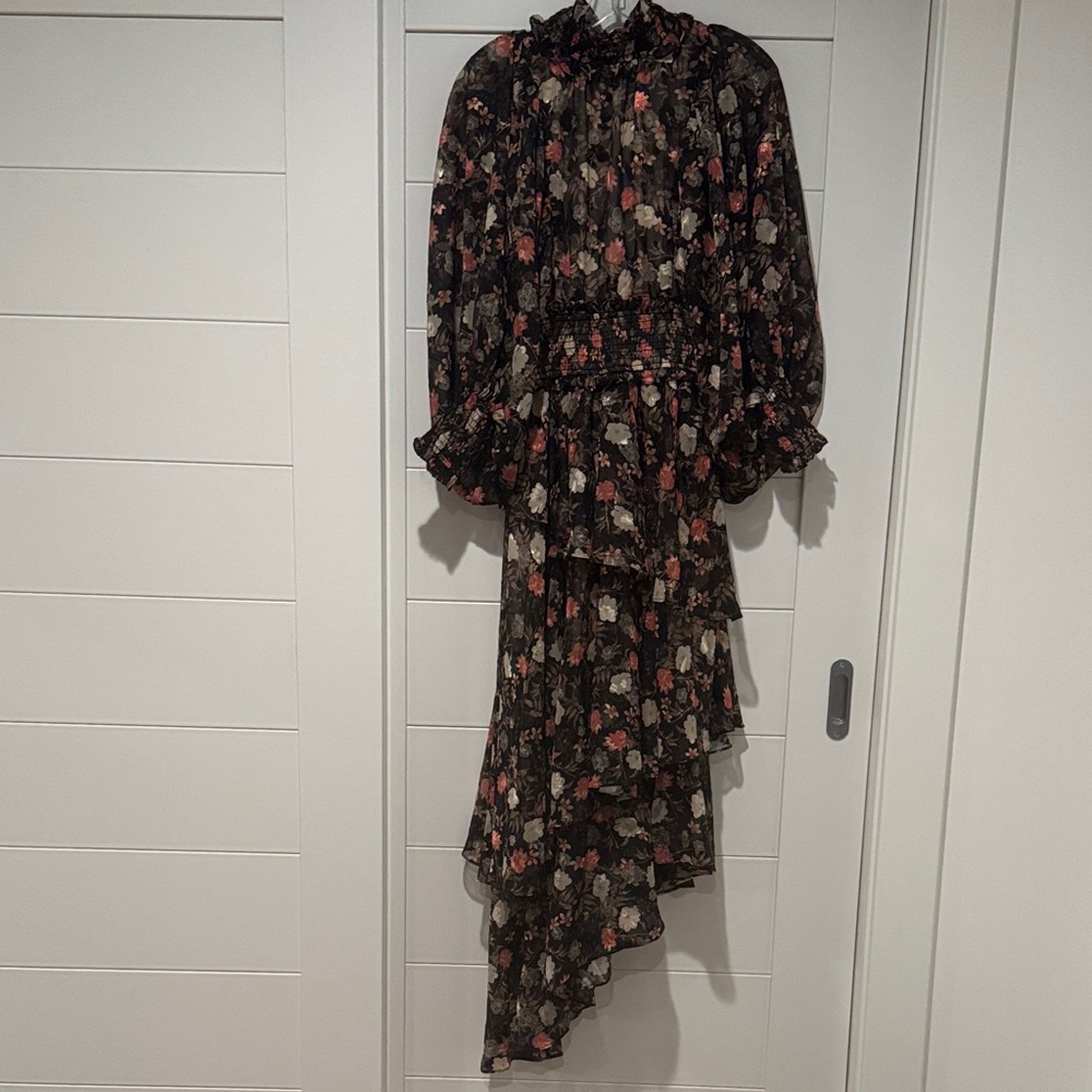 Elliatt Black Floral Asymmetrical Ruffle Dress with Pink & Cream Blooms